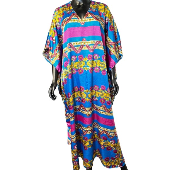 Premier Intimates Boho Caftan Dress Women One Size Blue Pink Paisley Floral Maxi - Picture 1 of 8